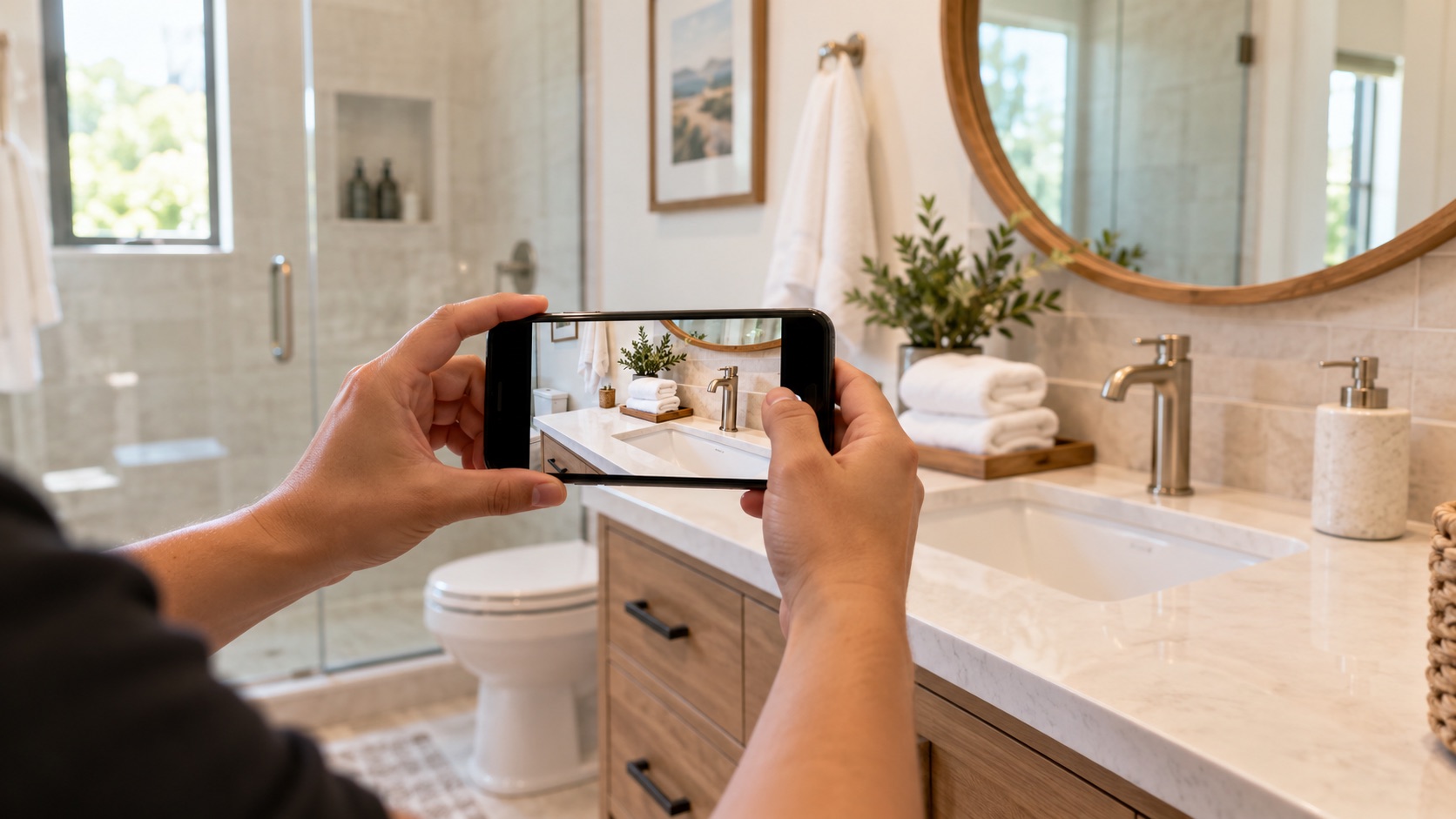 A cleaner photographs a clean bathroom for the cleaning report